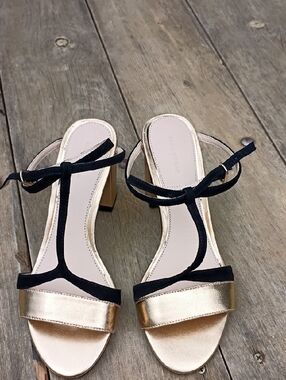 Zara Gold and Black T‑Strap Block Heel Sandals Size 37